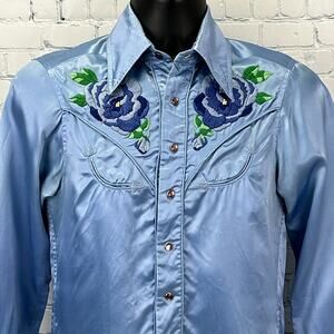 Vintage 70s Western Pearl Snap Button Front Shirt Cowboy Satin Blue XXS XX-Small